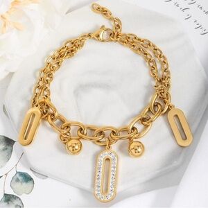 Gold Plated Stainless Steel Charm Chain Bracelet | Geometric Pendant Bracelet